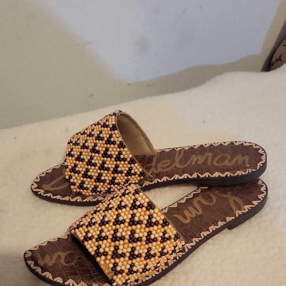 Beaded Slide Sandals - Brown